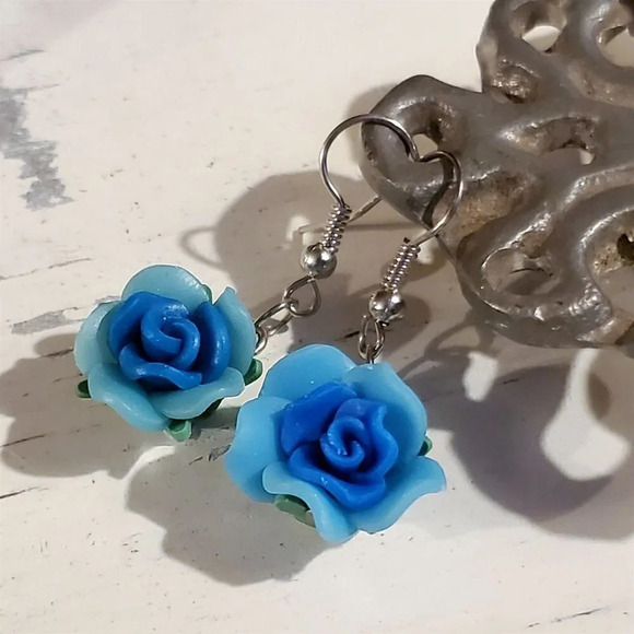 Handcrafted Fimo Polymer Clay Blue Rose Flower Bead Dangle Earrings - Picture 1 of 5